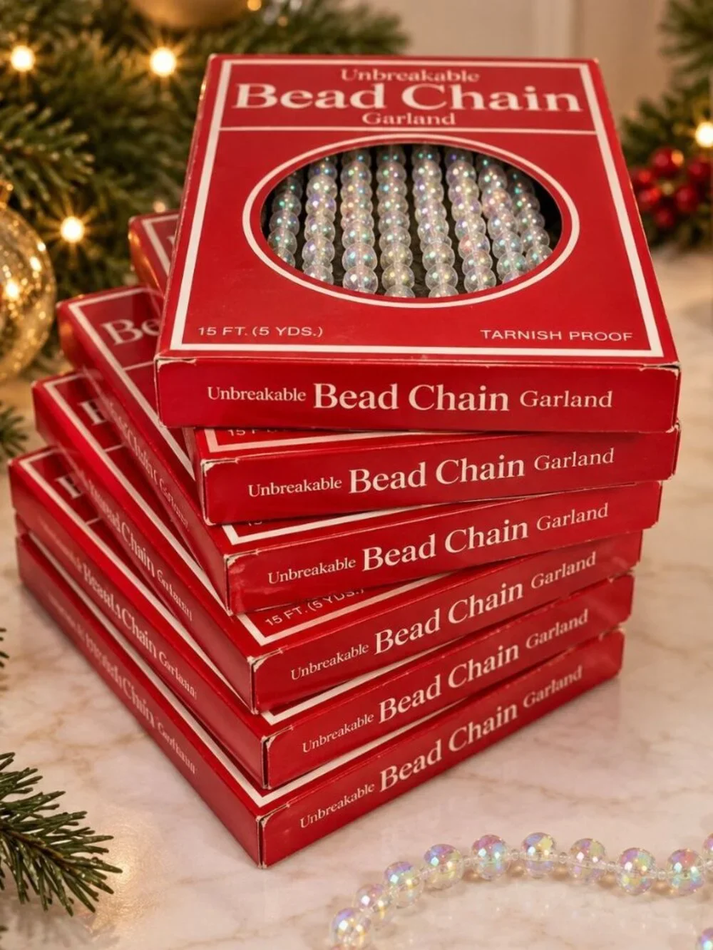 Christmas Clear Iridescent Garland Bead Chain Set 7 Vtg Retro Holiday Home Decor